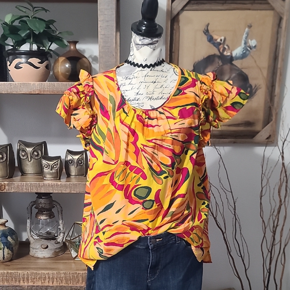 Terra & Sky Yellow Multicolor Ruffle Sleeve Blouse